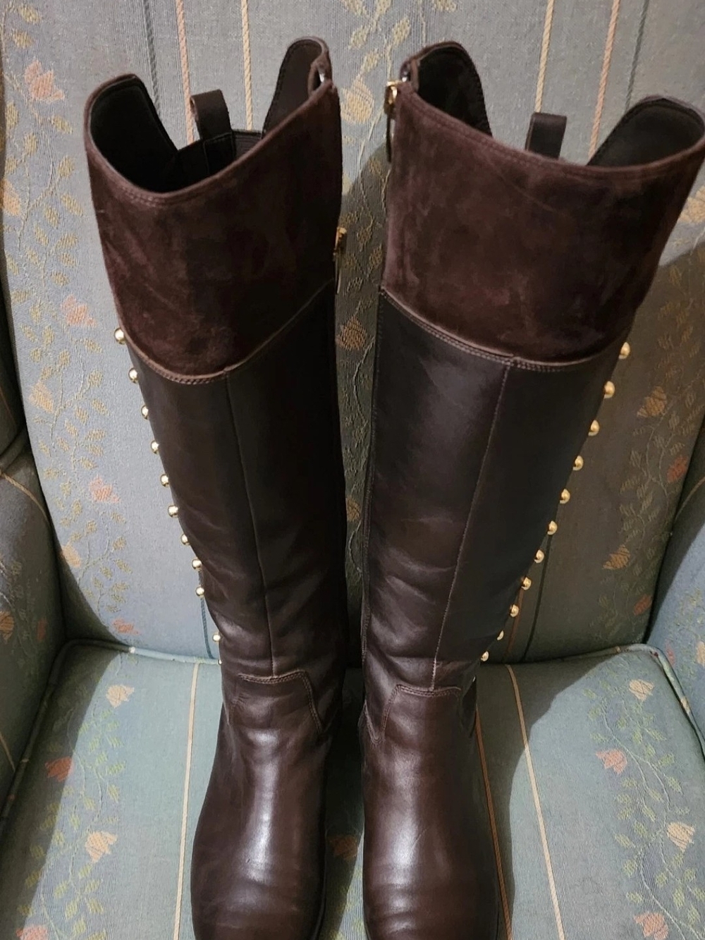 Marc Fisher Brown Leather & Suede Over-the-Knee Boots with Gold Studs